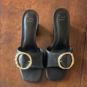 A New Day Black Slide Sandals with Gold Buckle